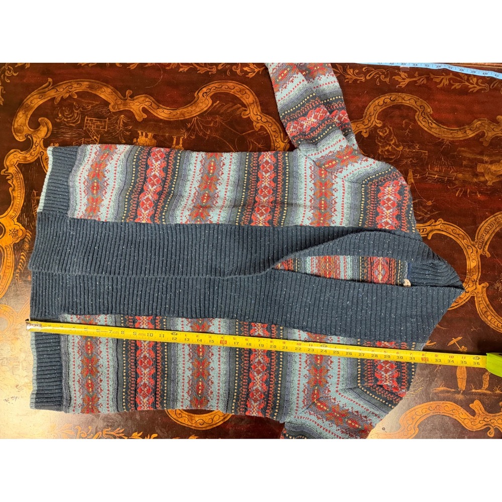 LL Bean Womens Blue Fair Isle Shawl Collar Open Front Cardigan Cabin Grandpa  L - Picture 8 of 14